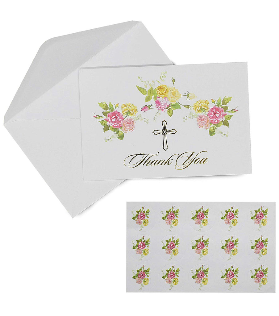 25 Religious Thank you Cards with Envelopes | Baptism, Bridal Shower, First Communion, Sympathy Thank You Cards | Floral Design with Gold Foil Cross | Bonus! Floral Envelope Sticker