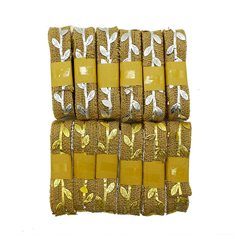 Burlap Ribbon | Jute Crafting Ribbon with Gold and Silver Leaves (13 Yards)