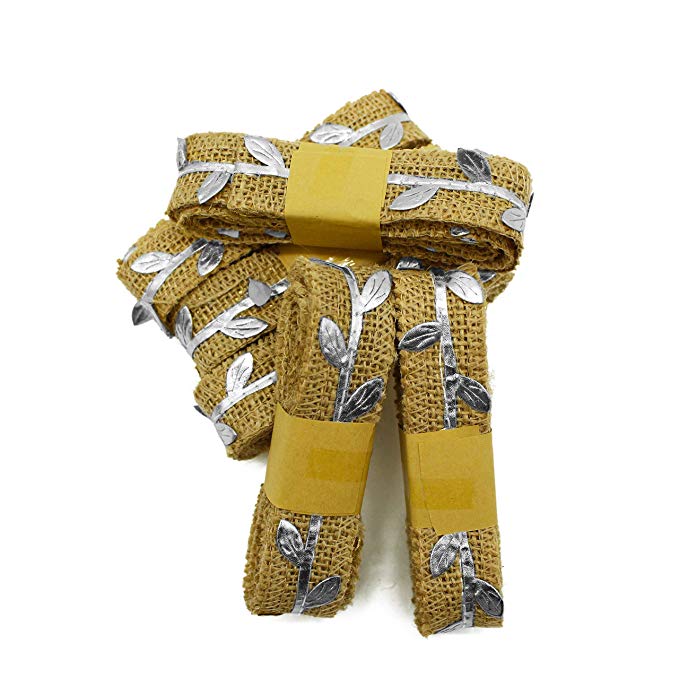 Burlap Ribbon | Jute Crafting Ribbon with Gold and Silver Leaves (13 Yards)