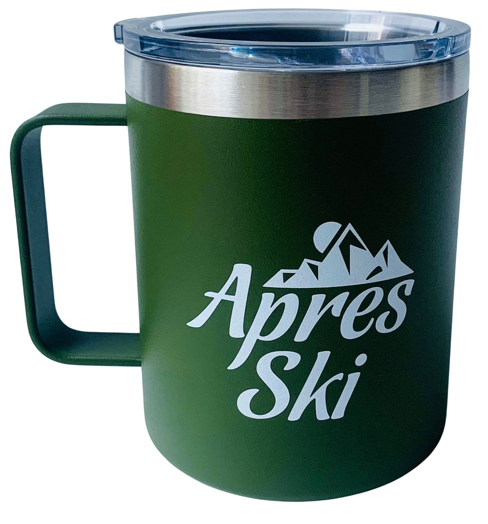 Apres Ski Travel Mug for Skiers - Leak Proof Insulated Coffee Mug with Handle & Lid - Gift for Skiers