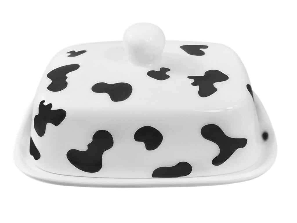 Cow Print Butter Dish with Lid | White Ceramic with Cow Hide Decor