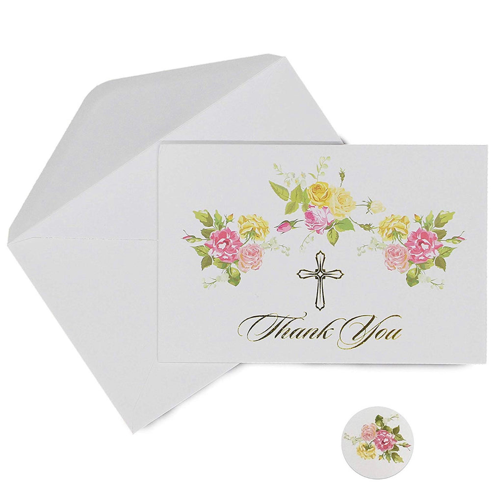 25 Religious Thank you Cards with Envelopes | Baptism, Bridal Shower, First Communion, Sympathy Thank You Cards | Floral Design with Gold Foil Cross | Bonus! Floral Envelope Sticker