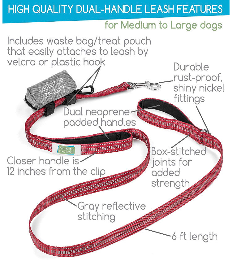 Heavy Duty Dog Leash | Bonus! Attachable Dog Poop Bag Holder and Roll of Bags